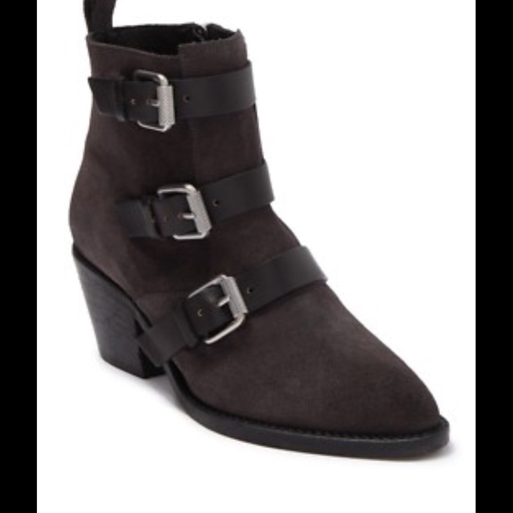 AllSaints Black Suede Multi Buckle Pointed Toe Ankle Boots Block Heel Womens 40